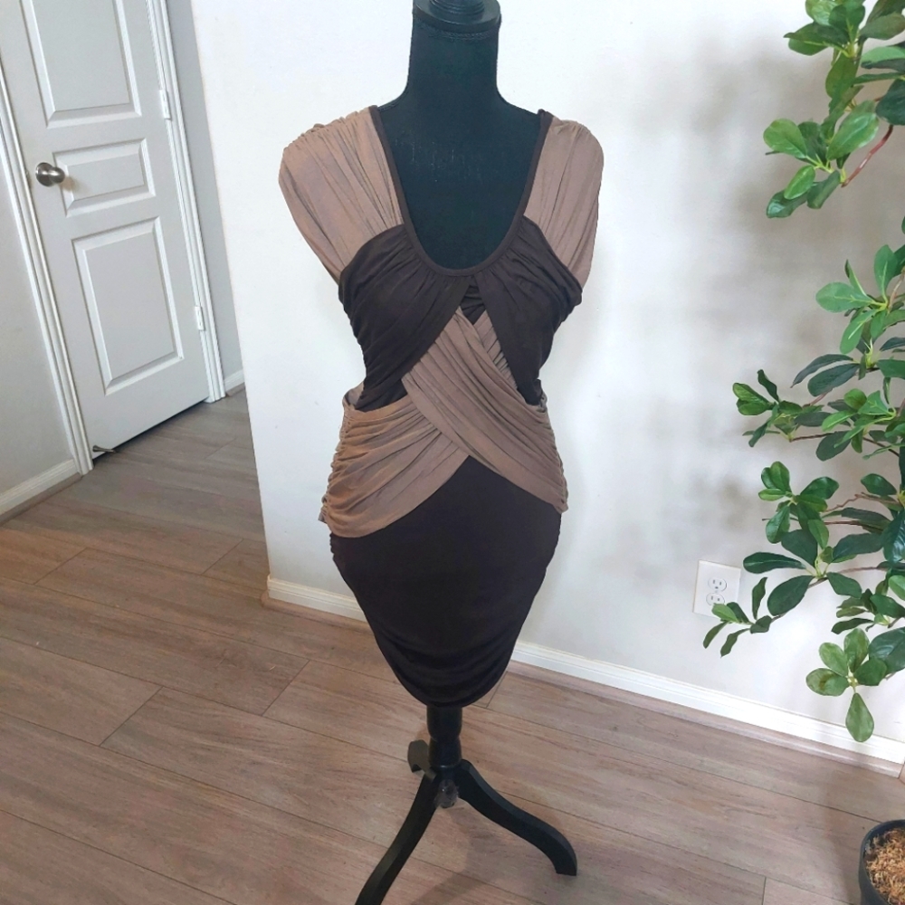 Cameo Two Tone Brown Bodycone Midi Dress Size Medium.